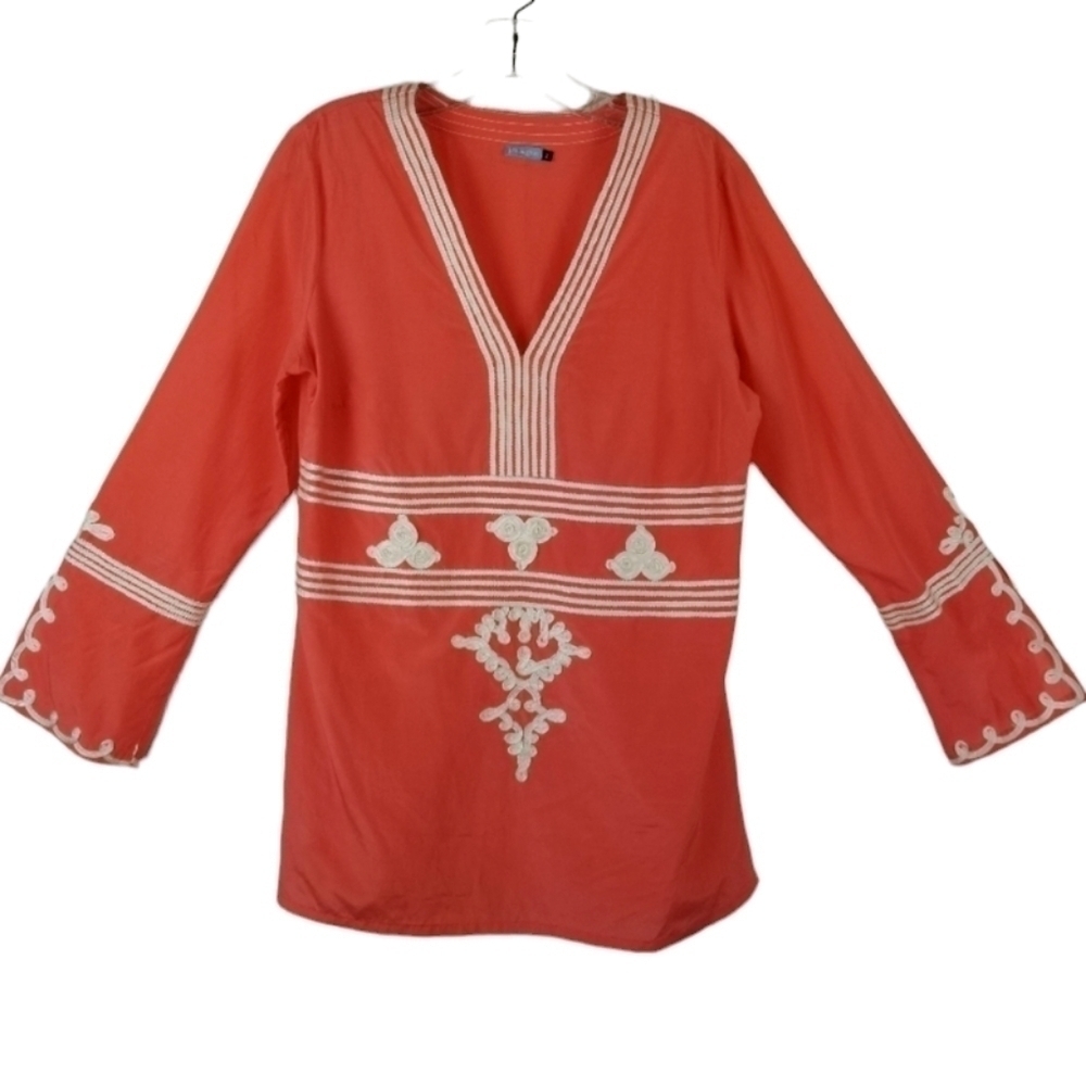 J McLaughlin Womens Silk Cotton Blend Tunic Top Long Sleeve V Neck Coral Size 2
